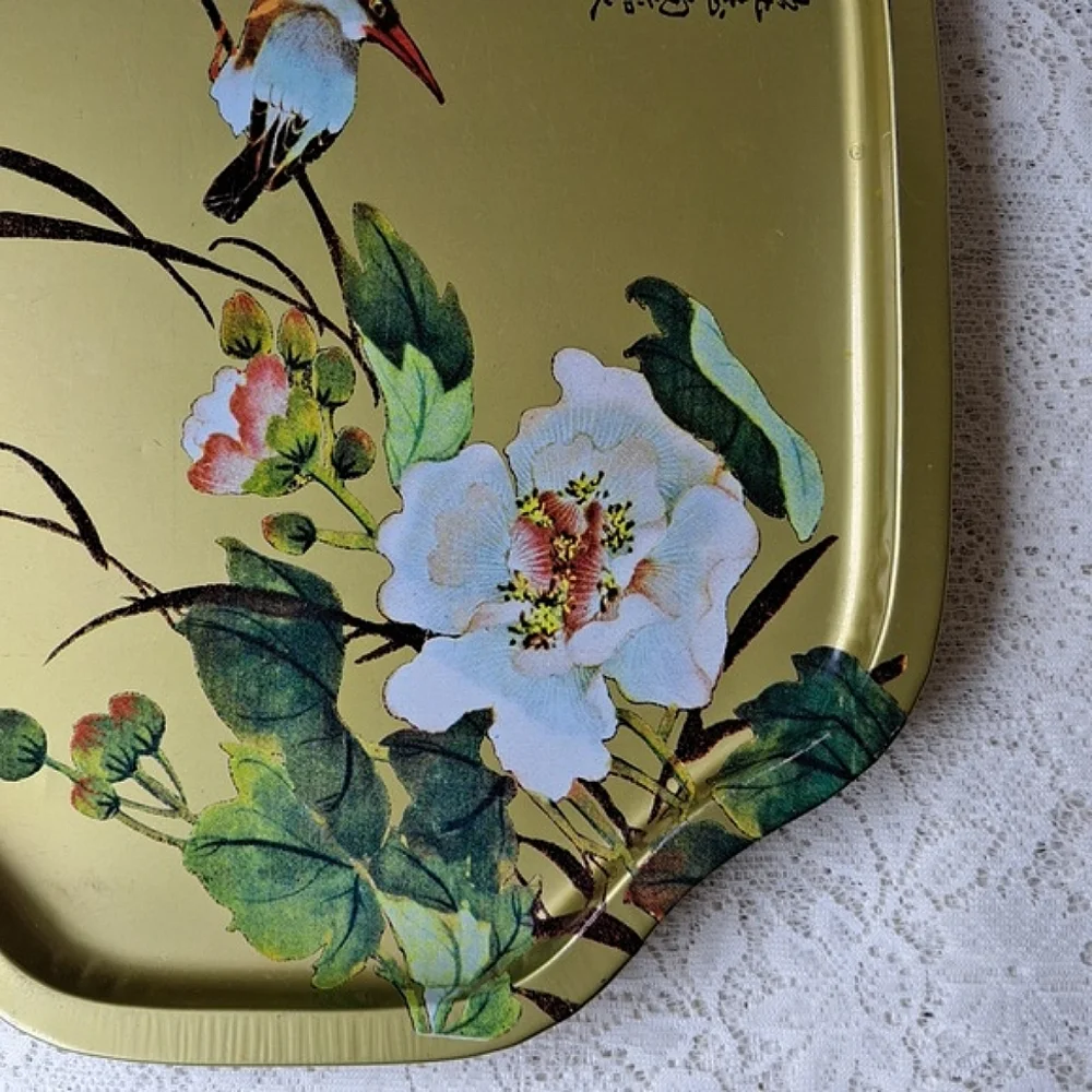 Vintage Large Gold Metal Tin Tray Bird and Magnolia Flowers Hong Kong 11 x 13